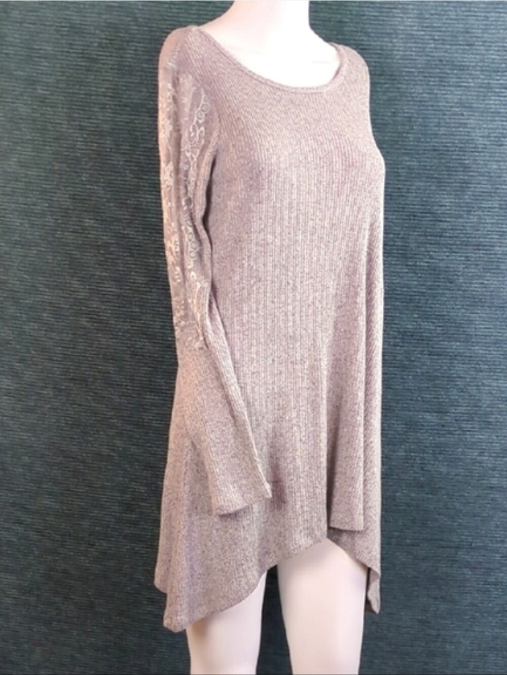 Premise Sharkbite Hem Knit Tunic, Lace Trimmed Long Sleeves